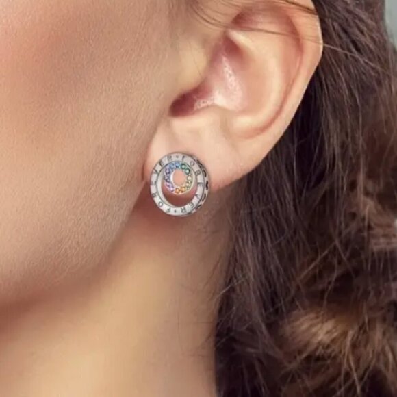 925 Sterling Silver Forever Round Stud Earrings with Zircon Rainbow Stones - Picture 2 of 4